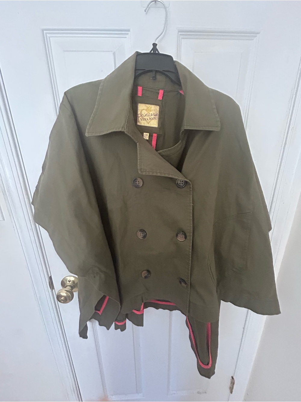 Vera Wang Olive Green Double-Breasted Cape Coat with Pink Trim interior